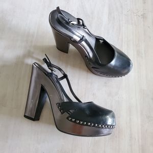 PRADA black leather metallic heel strap platform clogs